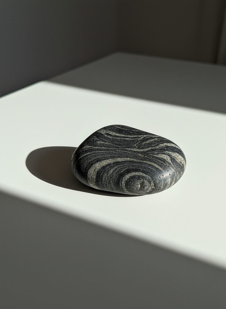 A single, bold, polished river stone with smooth black and charcoal swirls sits near the edge of a matte white tabletop. The surface around it is empty and uncluttered, emphasizing the stone’s presence and texture. Sharp directional sunlight enters from the left, casting a dramatic, crisp shadow of the stone across the otherwise spotless surface. The scene is photographed from a slightly elevated angle, centered in the frame, with every detail of the stone in sharp focus and the background falling away to softness. The mood is powerful, resilient, and minimalist, mirroring the strength and clarity found through personal growth. The photographic realism and intentional use of sparse space make the image impactful and deeply symbolic for the site’s bold, honest theme.
