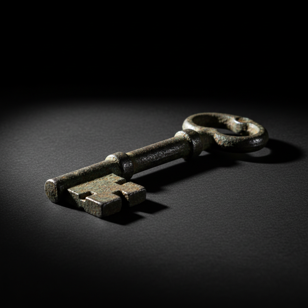 A single, battered iron key with visible scratches and patina rests on a spotless, matte black surface. The key’s intricate ridges and worn handle glint under focused, harsh side lighting, throwing a deep, elongated shadow that dramatizes its shape. The environment is otherwise empty, with a minimalist approach emphasizing the key’s symbolic weight. Captured from a low, side angle, the composition is asymmetrical, with the key breaking into negative space. The stark contrast and razor-sharp details evoke a mood of hard-won empowerment and unlocking new beginnings—fitting for personal narratives about transformation and breaking free. Photographic realism and minimalist style make the image visually striking and thematically relevant.