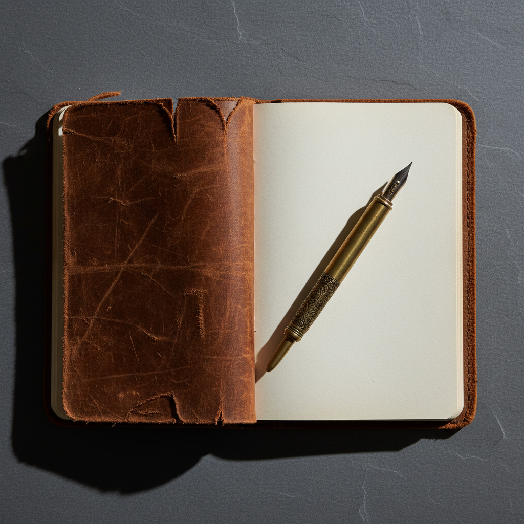 A worn, open leather journal with rough edges and visible creases lies atop a flat, unadorned slate-gray surface. An antique brass pen rests diagonally across the page, its metalwork catching highlights. Strong overhead studio light creates sharp, directional shadows from the pen and the uneven journal cover, accentuating the tactile reality. The journal’s creamy pages are blank, suggesting possibility and self-reflection. Shot from a directly overhead, bird’s eye view, the composition uses rule of thirds for dynamic energy. The overall mood is introspective and raw, expressing candid personal growth and creative renewal. The minimalist photographic style draws focus to the object’s character, aligning with the site's honest storytelling approach.