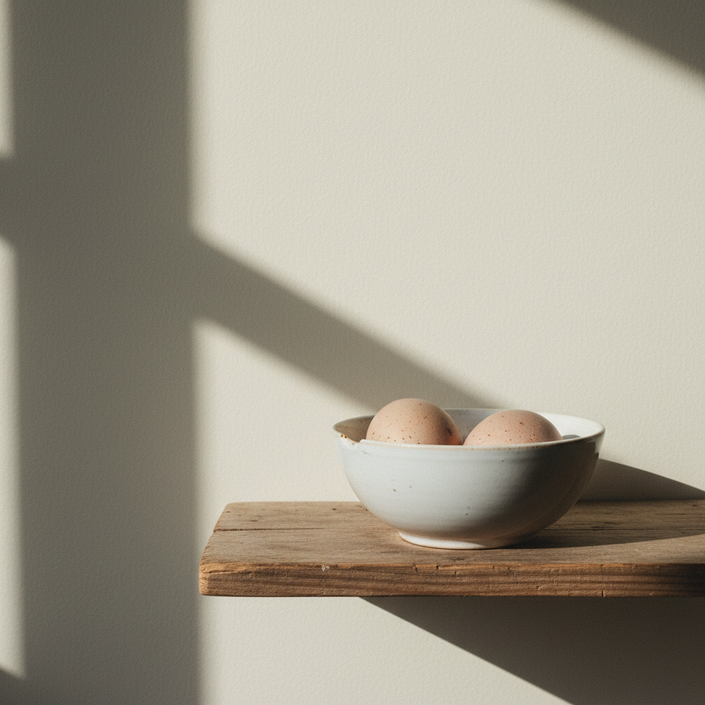 A minimalist still life of a single, slightly chipped white ceramic bowl containing two speckled brown eggs, positioned on a rough, unvarnished wooden plank. The background is an unblemished pale wall, creating clinical contrast to the bowl’s organic imperfections. Intense, directional window light cascades in, sharply illuminating the eggshell textures and casting bold, defined shadows of the bowl and plank onto the empty space behind. Taken from a medium, off-center angle, the shot captures tension and beauty in simplicity, highlighting everyday resilience and the blend of vulnerability and strength. The photographic, minimalist approach with high-impact lighting perfectly embodies the site’s honest, unfiltered reflections.