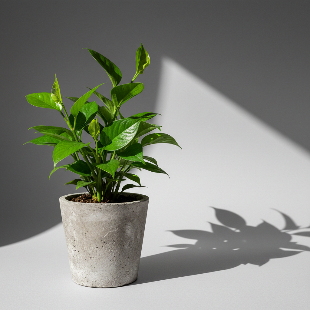 A vibrant green houseplant in a rough-textured, unfinished concrete pot stands alone against a seamless, pale gray background. The leaves are glossy and lush, some curling gently, others pushing upward with subtle imperfections. Hard light slants from the upper right, casting sharp, dramatic shadows of the plant and pot onto the backdrop, each leaf's edge etched out crisply. Photographed from an eye-level angle, the pot is slightly off-center, giving the image dynamic tension. The vibe is bold and hopeful—a visual metaphor for new growth and resilience within a stripped-down, modern context. Minimalist and photographic, the image channels clarity amidst struggle, reinforcing the themes of recovery and healing.