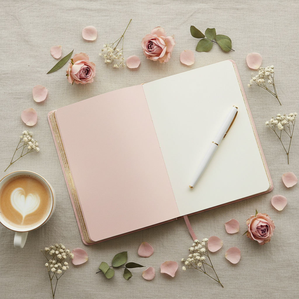 A soft, feminine flatlay of a pastel pink journal with gold-foil edges and a pen, styled with a delicate coffee cup and subtle floral accents on a light neutral background, minimalist and photographic, representing gentle, girly self-reflection.